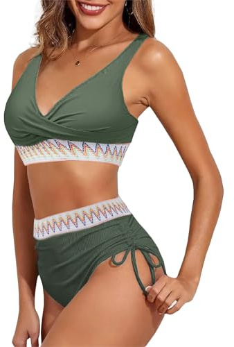 High Waisted Bikini Sets for Women, 2PCS V Neck Tummy Control Ruched Drawstring Swimwear for Ladies Beach Pool Bathing Suit