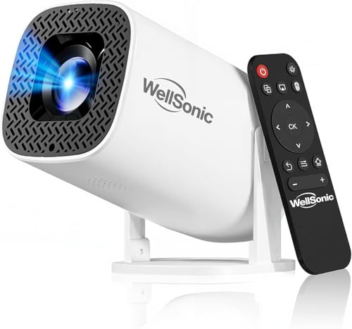 WellSonic Mini proyector con WiFi y Bluetooth, Android 14 integrado, proyector portátil para uso en exteriores y techo, Keystoneta automática y rotación de 270°, 200 Ansi, proyector de películas 4K
