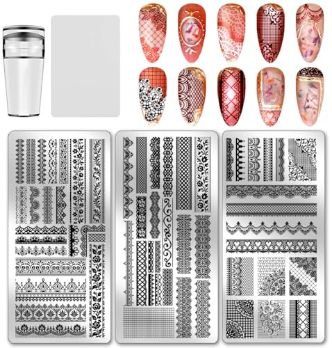 PH PandaHall 3pcs Lace Trim Nail Stamping Plates Flower Lace Nail Art Templates Retro Texture Manicure Stamper French Tip Nails Image Plates for Women DIY Manicures Salon Design Printing