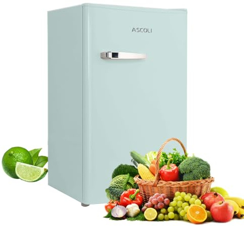 ASCOLI Retro Mini Fridge 85L, Compact Refrigerator, Under Counter Fridge, Direct Cooling, Super Quiet, Adjustable Racks, Metal Handle, Mechanical Control, Led Light