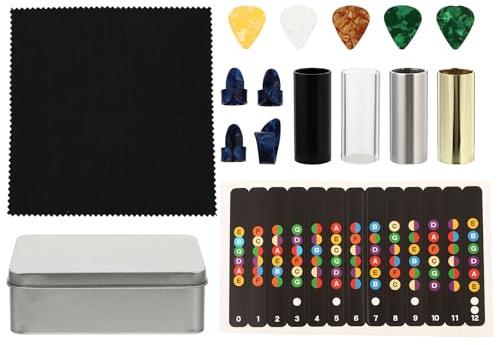 Guitar Slide Set with Glass Tube, Metal Finger Tip Protector and Picks | Includes Stainless Steel and Plastic Components for Easy Storage, Compact Design for Travel