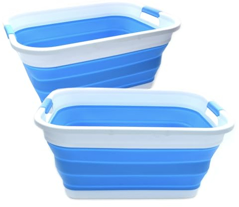 SAMMART Set of 2-41L(10.8 gallon) Collapsible Plastic Laundry Basket-Pop Up Storage Container-Portable Washing Tub-Space Saving Hamper/Basket, Water capacity:32L(8.4 gallon) (2 rectangular, Sky Blue)