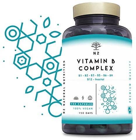 Vitamin B Komplex hochdosiert. Vitamin B12 B9 (Folsäure) B7 (Biotin) B6 B3 B2 B1 + Inositol. Trägt zur Verringerung von Müdigkeit und Ermüdung bei. 150 kapseln. VEGAN. EU. N2 Natural Nutrition