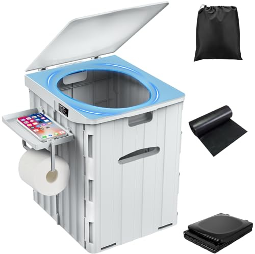 XL Portable Toilet for Adults Extra Large, 15.4H Foldable Camping Toilet with Detachable Phone Shelf and Toilet Paper Holder, Waterproof Porta Potty with Lid for Camping, Long Road Trips, Car, Gray