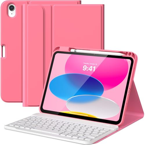MoKo for iPad (A16) 11th Generation Case with Keyboard 11 inch 2025, iPad 10th Generation 10.9 inch Case with Pencil Holder, Multi-Angle Detachable Bluetooth Keyboard, Pink