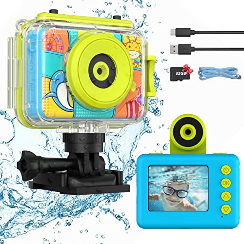 Ushining Appareil Photo Enfant Étanche, 1080P Caméra Vidéo d'action sous-Marine Enfant Appareil Photo Selfie Numérique avec Écran 2,0 Pouces Carte TF 32 Go, Cadeau pour Filles Garçons 3-12 Ans, Bleu