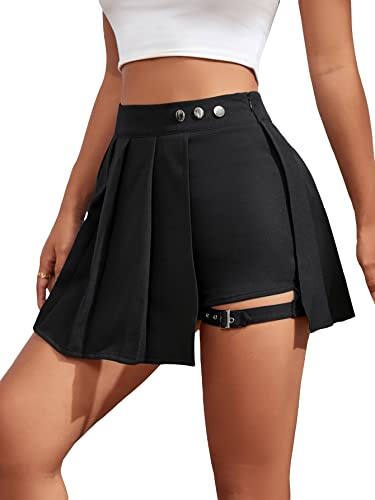 GORGLITTER Women's Buckle Asymmetrical Hem Pleated A Line Mini Skirt High Waist Summer Sexy Skater Skirts Black Petite L