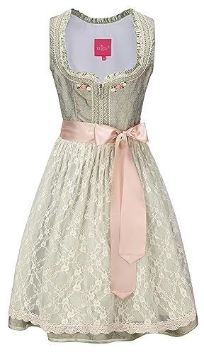 ELFIN Damen Midi Dirndl Elegante Trachtenkleid für Oktoberfest inkl. Spitzen Dirndlschürze, Hellgrün, 34
