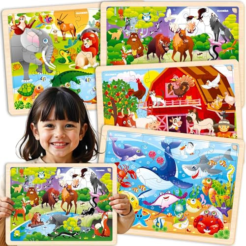 QUOKKA Wooden Puzzles For 2 3 Year Olds - 4x24 Jigsaws Toys For 3 4 5 yo Boys and Girls - Toddler Toys With Animals - Gift for Girls and Boys