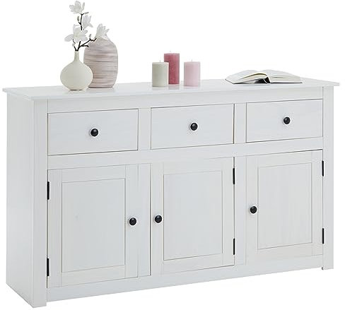 Sideboard PAULO - Kiefer Massivholz mit 3 Schubladen und 3 Türen, 135x80x40cm - weiß lackiert | Viel Stauraum, Knopfgriffe aus Metall | Schlafzimmer Kommode, Küche, Flur, Wohnzimmer Möbel Holz, Weißer