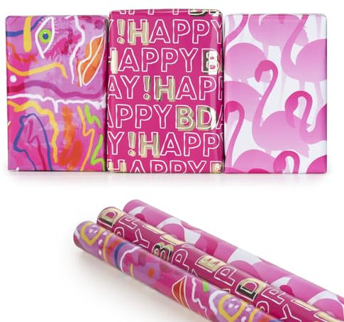 GAKA FAVOR Geschenkpapier Rosa Rolle,Geschenkpapier Dunkelrosa für Mädchen Geburtstag, Valentinstag, Hochzeit - 3 Rollen (43x300cm pro Rolle)