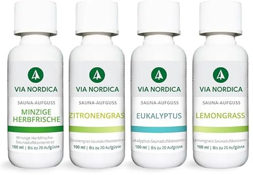 VIA NORDICA Saunaaufguss Set [AtemFrei-Komplex Formel] Saunadüfte & ätherische Öle - Tolles Saunaaufguss Probierset, Saunaöl Saunaduft Sauna-Zubehör Wellness Aufguss Duftöl - Set Frisch