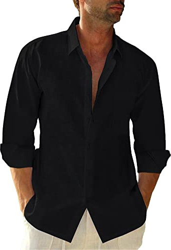 Friptspyg Uomo Camicia Lino Cotone a Maniche Lunghe con Tasca Casual Camicia da Spiaggia vestibilità Regolare Camicie Estive, Nero 3XL