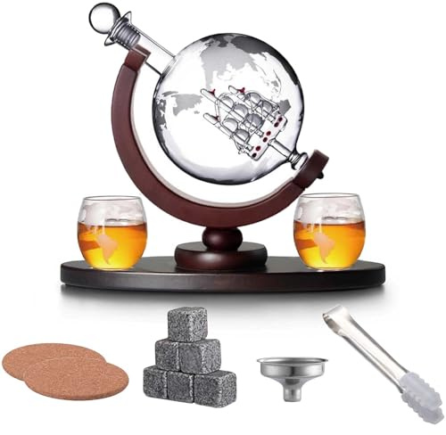 Whiskey Decanter and Glass Set Whiskey Dispenser Whiskey Carafe Globe Decanter with Long Elliptical Base 2 Glasses 6 Ice Cubes Coaster Airtight Stopper, Glass Gift Sets for Wine Whiskey Scotch Vodka