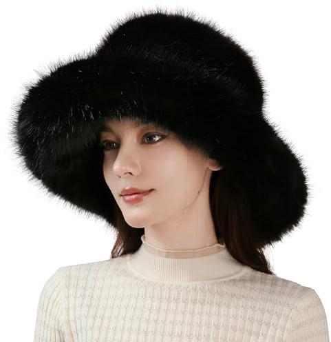 Dikoaina Luxury Faux Fur Bucket Hat for Women Girl – Oversized Brim, Super Soft & Fluffy Winter Hat, Cozy Fur-Like Beanie (US, Alpha, One Size, Black)
