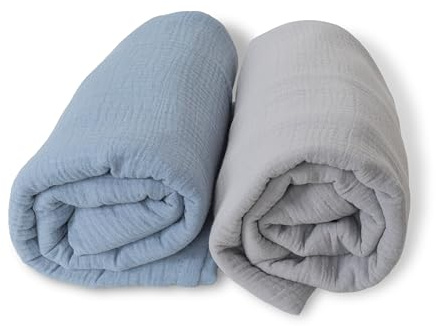 Lotto di 2 mussoline Baby 120 x 120 cm, coperta, busta, bambù cotone, neonato. Fibre naturali. Ipermorbido, ipoallergenico, 100% ecofriendly. (Pietra/Blu)