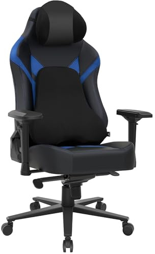 Wyrdforging Silla Gaming, Silla Escritorio Gaming Carga 200kg, Sillon Gamer Respaldo Alto con reposacabezas y cojín Lumbar, reposabrazos 4D, Mecanismo basculante, Base Reforzada，PU Negro y Ante Azul