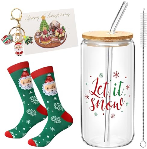 Leonshco Bicchieri Natalizi Vetro con Coperchio e Cannucce, 6 Pezzi Bicchieri Natale Da 500 Ml con Spazzola per La Pulizia, Portachiavi, Biglietto di Auguri, Utilizzabili Come Bicchieri per Succhi