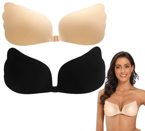 Soutien Gorge Dos Nu, 2 Pièces, Invisible Soutien Gorge Adhesif Push Up, Soutien Gorge Auto-adhésifs sans Bretelles Réutilisable, Respirant Push-up, pour Robe de Soirée, Noir, Chair