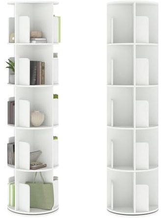 ZZINOKE Drehbares Bücherregal, 360° Drehbares, Standregal Büroregal, MDF, mit 5 Ebenen, für Schlafzimmer, Wohnzimmer, Büros, Kinderzimmer, φ40xH159cm, Weiß