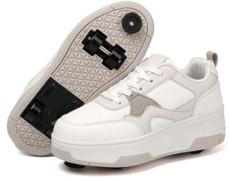 ENEN Sportive Scarpe da Skateboard 4 Ruote con Freno, Scarpe con Rotelle Bambina Bambino, Skateboard Sneakers Outdoor Multisport Ginnastica da Pattini per Ragazze e Ragazzi (Cachi Bianco,37)