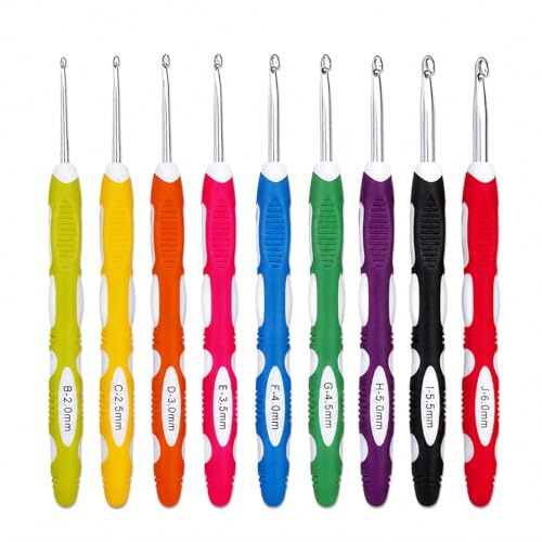 Crochet 9 Pièces Aiguilles À Crochet Ergonomiques 2-6 Mm, Crochet Artisanal En Aluminium Avec Poignée Silicone Antidérapante Multicolore, Set Complet Pour Débutants Et Experts Tricot Confortable