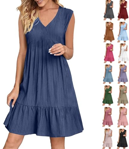 Générique Robe Fluide Femme éTé Chic Et Elegant sans Manches Col en V Tunique Robe à Volants Ample A-Line Mi-Longue Dress Couleur Unie Taille Haute Débardeur Robes pour Vacances Et Plage FêTer