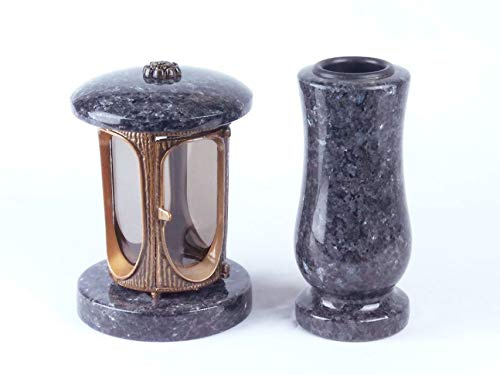 designgrab Farol para tumbas de aluminio de color latón envejecido y jarrón de lápida en granito Labrador Blue Pearl BP