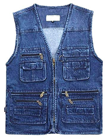 Daoba Homme Gilet De Cowboy Photographe Reporter Multipoches Casual Veste Légère sans Manches Gilet en Jean à Poches Multiples