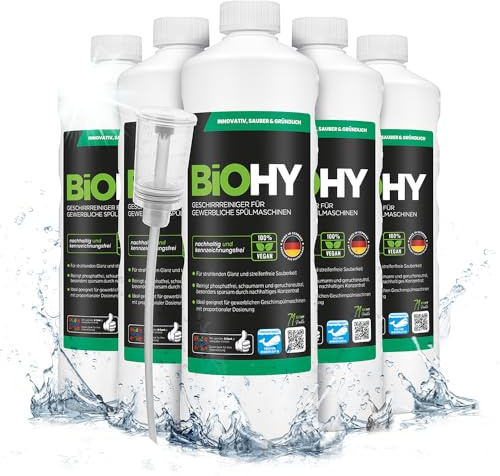 BiOHY Detergente para lavavajillas comercial (6 botellas de 1 litro) + Dosificador | Fórmula para disolver el las grasas | Apto para gastronomía, industria y hogares (Geschirrreiniger)