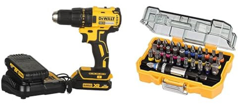 DeWalt Dcd777S2T-Qw Driver Per Trapano Senza Spazzole (18 V, 1.5 Ah), 0-500/1750 Giri/Min, Nero E Giallo & Dt7969-Qz Set Avvitatura Composto Da 32 Pezzi Assortiti, Adattatore Magnetico 1/4