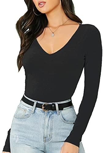 Women's Ladies Long Sleeve V Neck Basic Top Jersey Plain Stretchy Slim Fit Casual Wear T-Shirt Tee Tops 20-22 Black