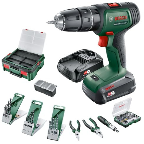 Bosch Martillo taladrador a batería UniversalImpact 18V (Taladrar y atornillar en madera y metal; taladrar con percusión en mampostería; 46 puntas; 2 baterías; sistema de 18 V; en SystemBox)