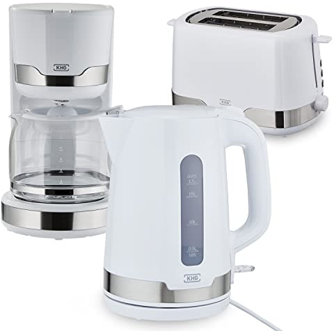 KHG Frühstücksset Wasserkocher Toaster Kaffeemaschine 3-teilig | 2.200-850 - & 1.000 Watt | Küchenset mit Kapazität 1,7 Liter Kochwasser, 2 Scheiben Toast & für 12 Tassen Kaffee – Weiß