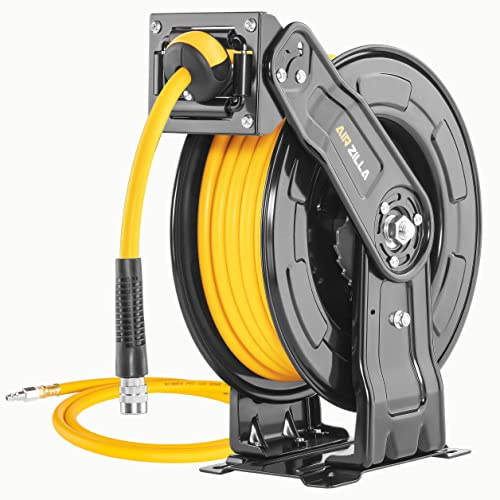 AIRZILLA Premium Steel Retractable Air Hose Reel With Dual Arm, 3/8x50Ft Hybrid Polymer Hose, Heavy Duty Air Hose Reel included Auto Rewind Reel | Quick Air Coupler | Durable Double side Frame.