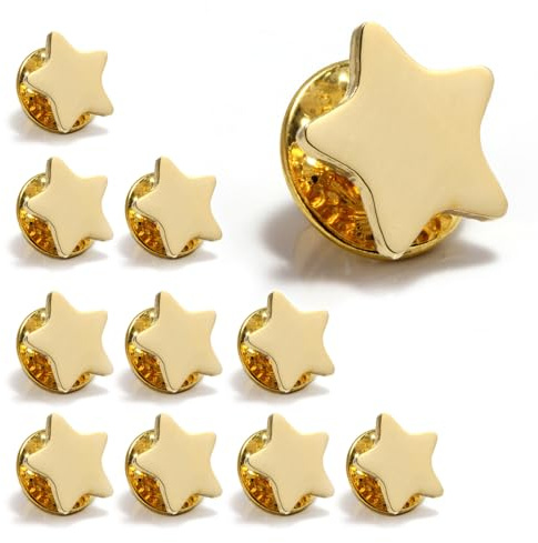GOLD effect Star Pin Badge | 10 Pieces | (13mm) | Lapel Pin Badge School Reward for attendance or achievement | Employee of the month or Themed Party Costume Decorations.