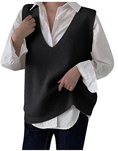 Strickpullover Damen Oversize, V Ausschnitt Ärmellos Warm Sweater Vest Wollweste Gestreift Lang Winter Strickpullunder Pullover Strickweste Baumwolle Knopf Pullover Vest Pullunder