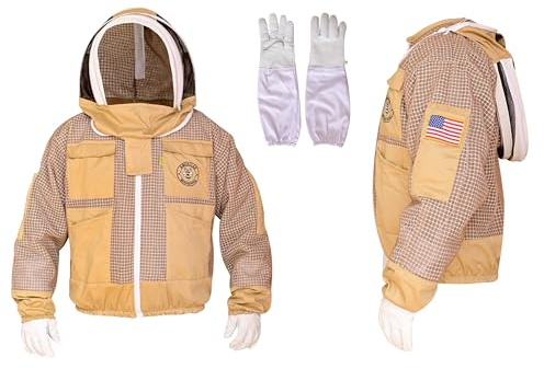 American Beekeepers 3 Layer Beekeeping Jacket With Fencing Veil One Pairs Gloves Ventilated Protection Bee Jacket (Khaki, Small)