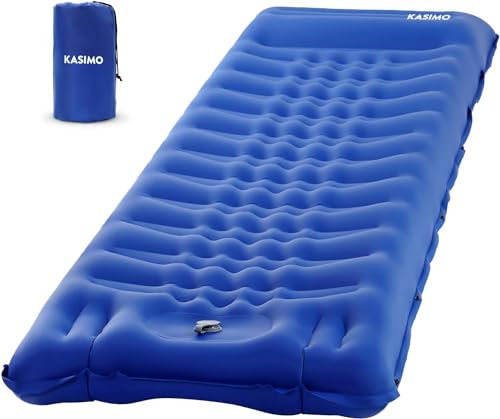 KASIMO Isomatte selbstaufblasend Camping matratze mit integrierten kopfkissen, Isomatte Outdoor luftmatratze selbstaufblasend mit Fußpumpe Ultraleicht luftzellenmatte aufblasbar (Blau 12cm)