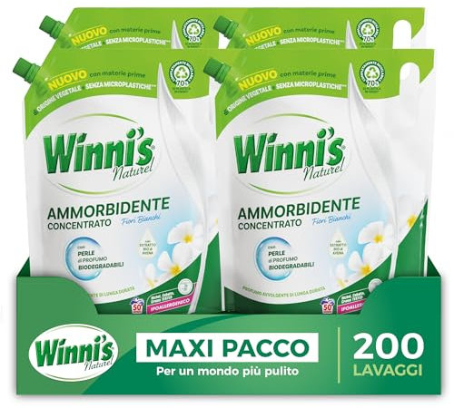 Winni's - Ammorbidente Lavatrice Ipoallergenico Concentrato Ecoformato, 200 Lavaggi, Fragranza Fiori Bianchi, Con Perle di Profumo Biodegradabili, 1250 ml x 4 Confezioni