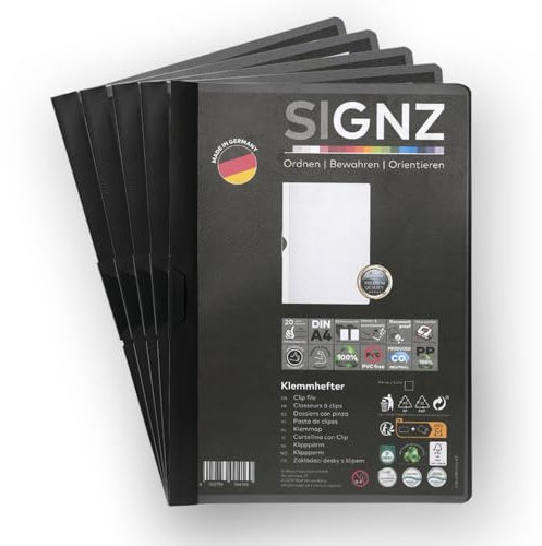 SIGNZ Klemmhefter DIN A4, 5 Stück, schwarz, Für bis zu 60 Blatt, CO2-neutral hergestellt, made in Germany