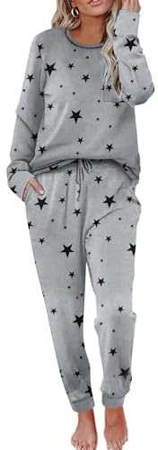 Ekouaer Dam pyjamas lång tvådelad pyjamasset rund hals nattkläder sovtröja och pyjamasbyxor mjuka nattkläder med fickor, Grå-svart, XL