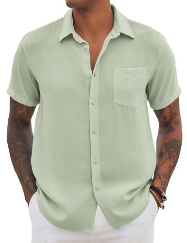 COOFANDY Hommes Chemises Manche Courte Casual Business Shirt Été Chemise Décontractée Chemise de Plage avec Poches Vert Clair XL