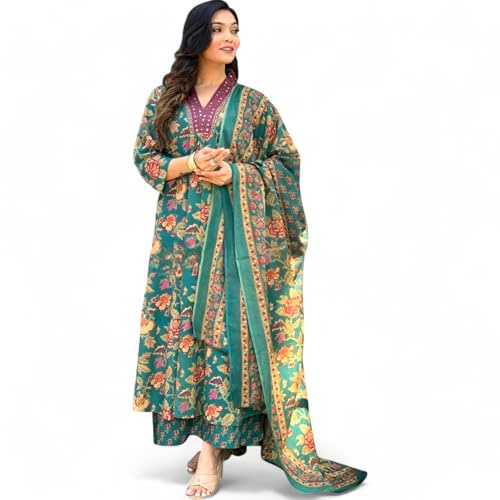 RangMahal Ensemble indien en pur coton brodé Kurta Palazzo Dupatta pour femme, vert, Medium