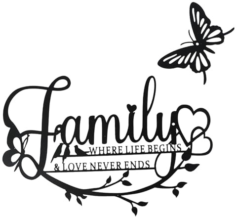 Jiusely Family Wall Decor Black Metal Wall Art Decor, Where Life Begins Love Never Ends Word Sign Wall Decorations, Butterfly Wall Hanging Sculpture for Living Room Bedroom Kitchen Indoor Outdoor