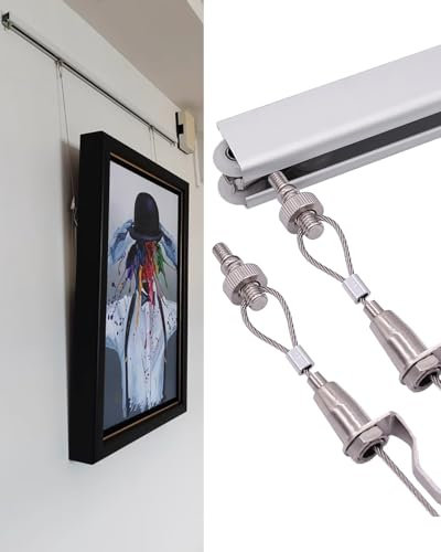 Sistema regolabile per appendere quadri, con binario in alluminio e cavo, ideale per musei e grandi decorazioni da parete