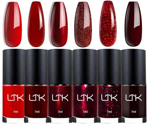 Red Nail Varnish Sets, 6Pcs Poinsettia Dark Red Burgundy Red Glitter Nail Polish Kit - Non-Toxic Water Based Holographic Nail Gel - Nail Paint Nail Art Manicure Kit Gifts for Women