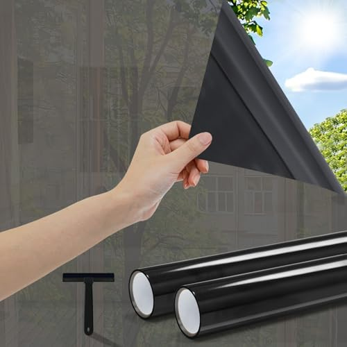 QILIMA Spiegelfolie Fenster Sichtschutz, Einseitig Fensterfolie Blickdicht von außen Schwarz Silber 44,5x200cm, von innen durchsichtig Selbstklebend Sonnenschutzfolie UV Schutzfolie Sichtschutzfolie