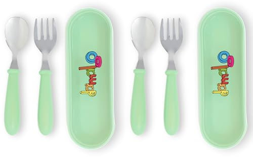 damaloo Set di 2 posate per bambini a partire dai 6 mesi, posate in acciaio inox senza BPA, cucchiaio e forchetta con portaposate, antiruggine e lavabile in lavastoviglie, set di posate per kita