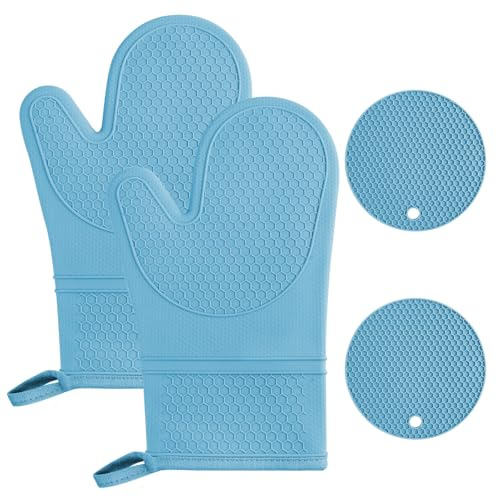 AUAUY - 1 Par Guantes Horno, Silicona Antideslizantes Resistentes Manoplas Horno, Cocinar, Microondas, Asar a la Parrilla Incluye 2 Manteles Individuales Aislantes - Azul